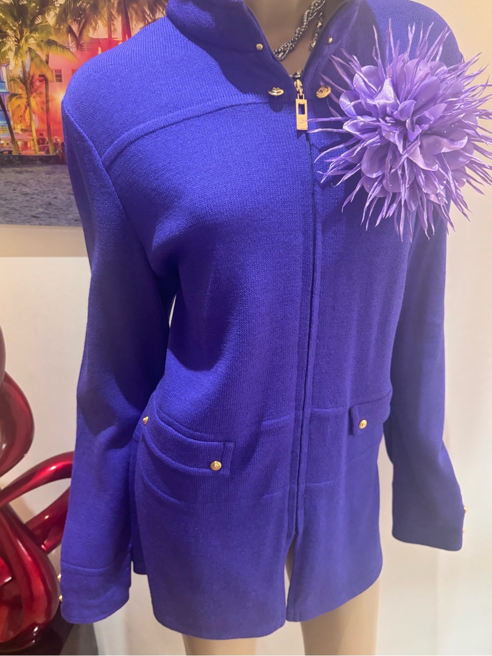 St. John Royal purple Zip-Front Knit Blazer Gold Hardware buttons 12 L